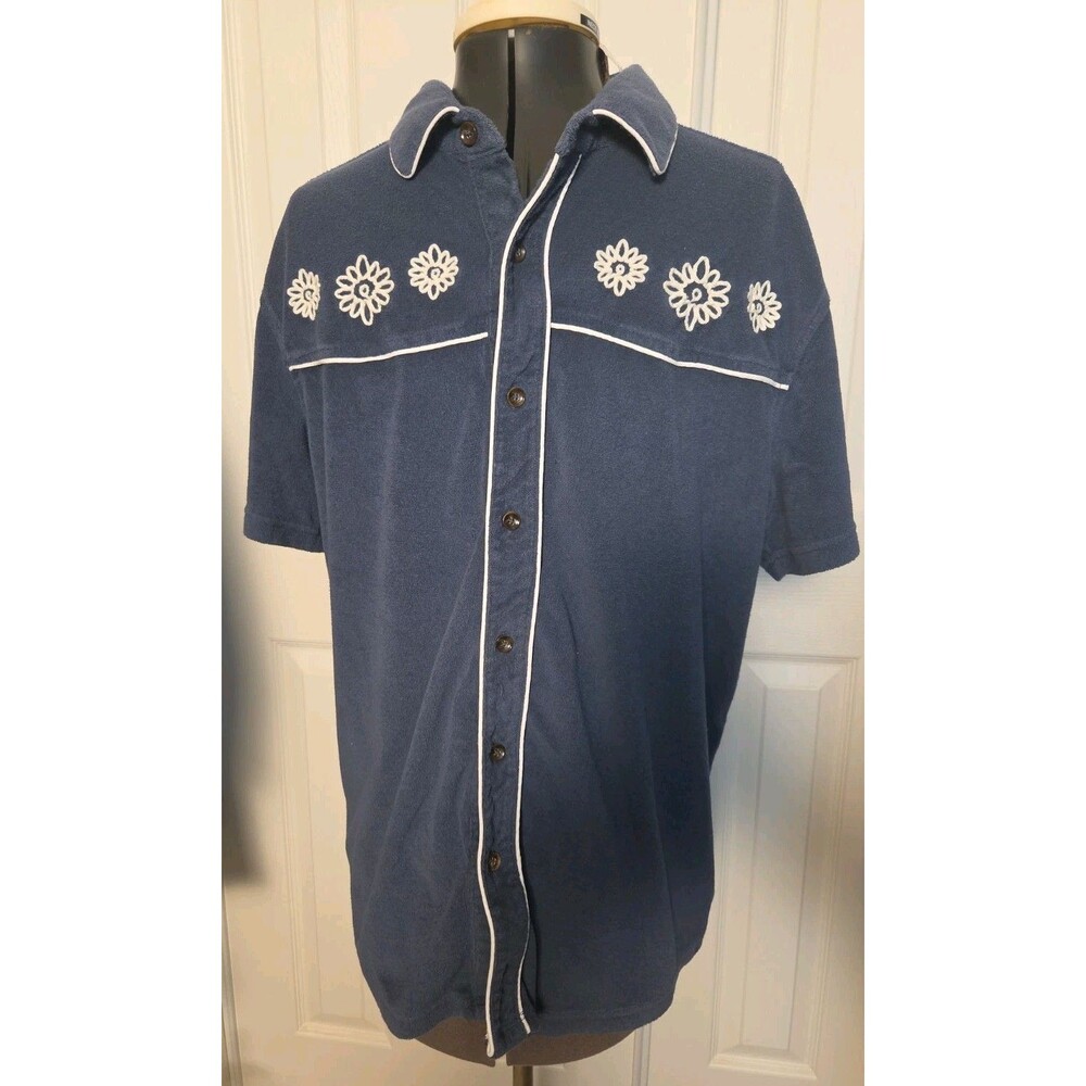 Dandy Del Mar Terry Cloth Shirt Navy Blue Western Floral Daisy Button Up Large
